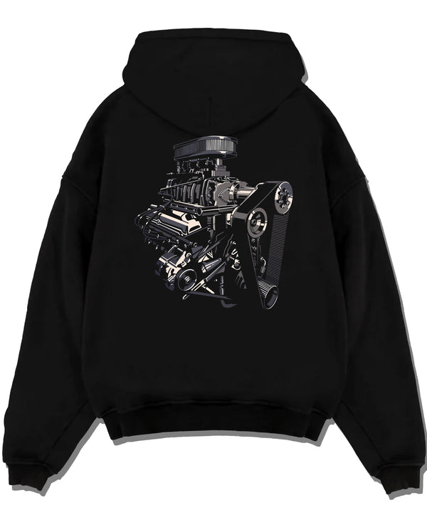 Black pullover hoodie laid flat on a white background, featuring street enthusiast racing performance motorsport automotive graphic.