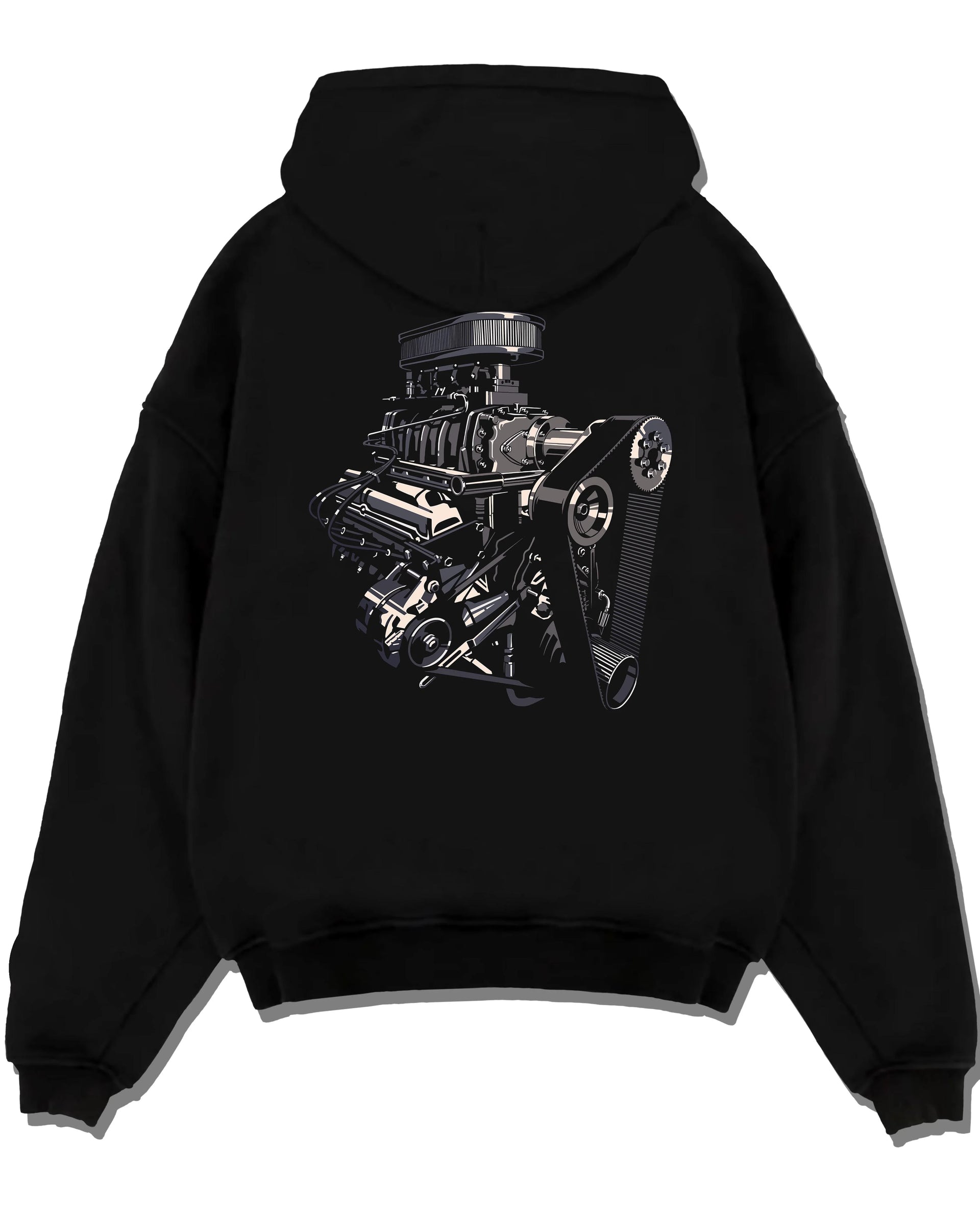 Black pullover hoodie laid flat on a white background, featuring street enthusiast racing performance motorsport automotive graphic.