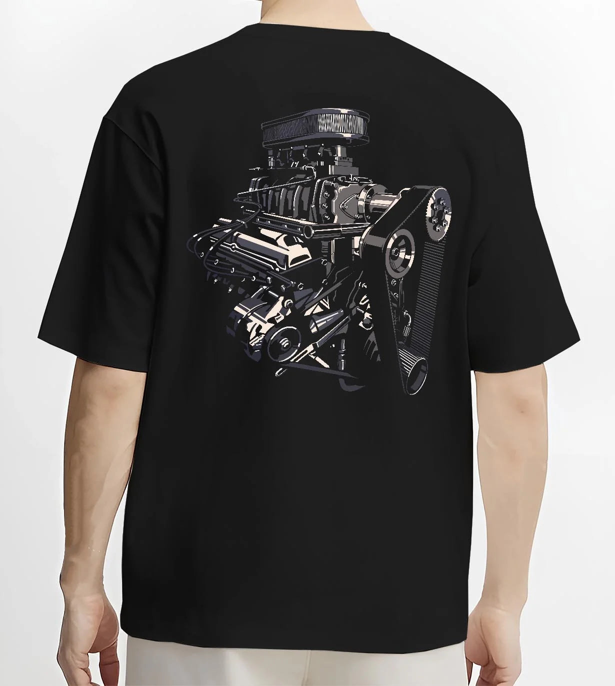 Black T-shirt worn by a male model, back view, featuring street enthusiast racing performance motorsport automotive power graphic.