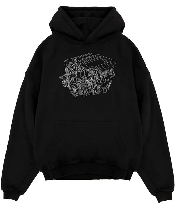 Black pullover hoodie laid flat on a white background, featuring street enthusiast racing performance motorsport automotive ceng4.