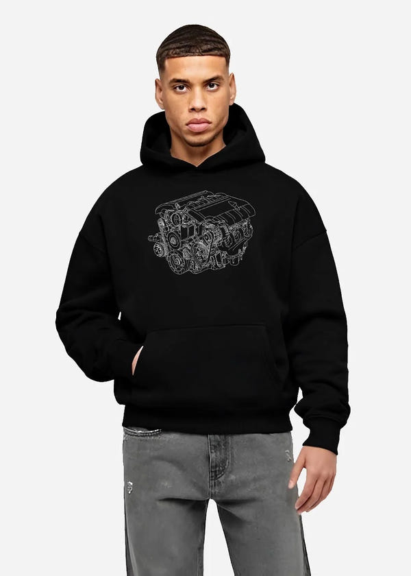 Black hoodie worn by a male model, front view, featuring street enthusiast racing performance motorsport automotive power graphic.