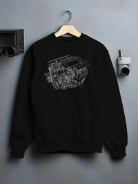 Black crewneck sweatshirt on a hanger against a grey wall, featuring street enthusiast racing performance motorsport ceng4.