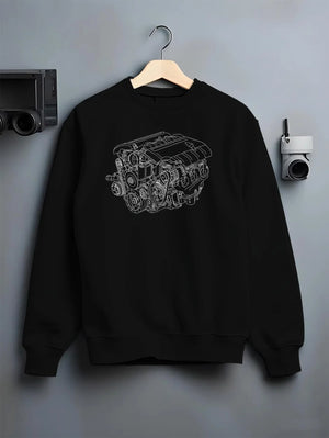 Black crewneck sweatshirt on a hanger against a grey wall, featuring street enthusiast racing performance motorsport ceng4.