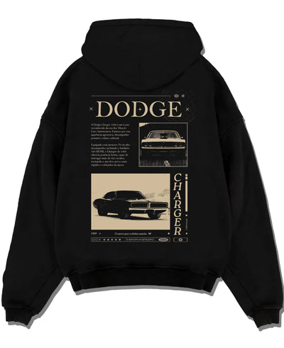 Black pullover hoodie laid flat on a white background, featuring Dodge Charger muscle street retro vintage enthusiast graphic.