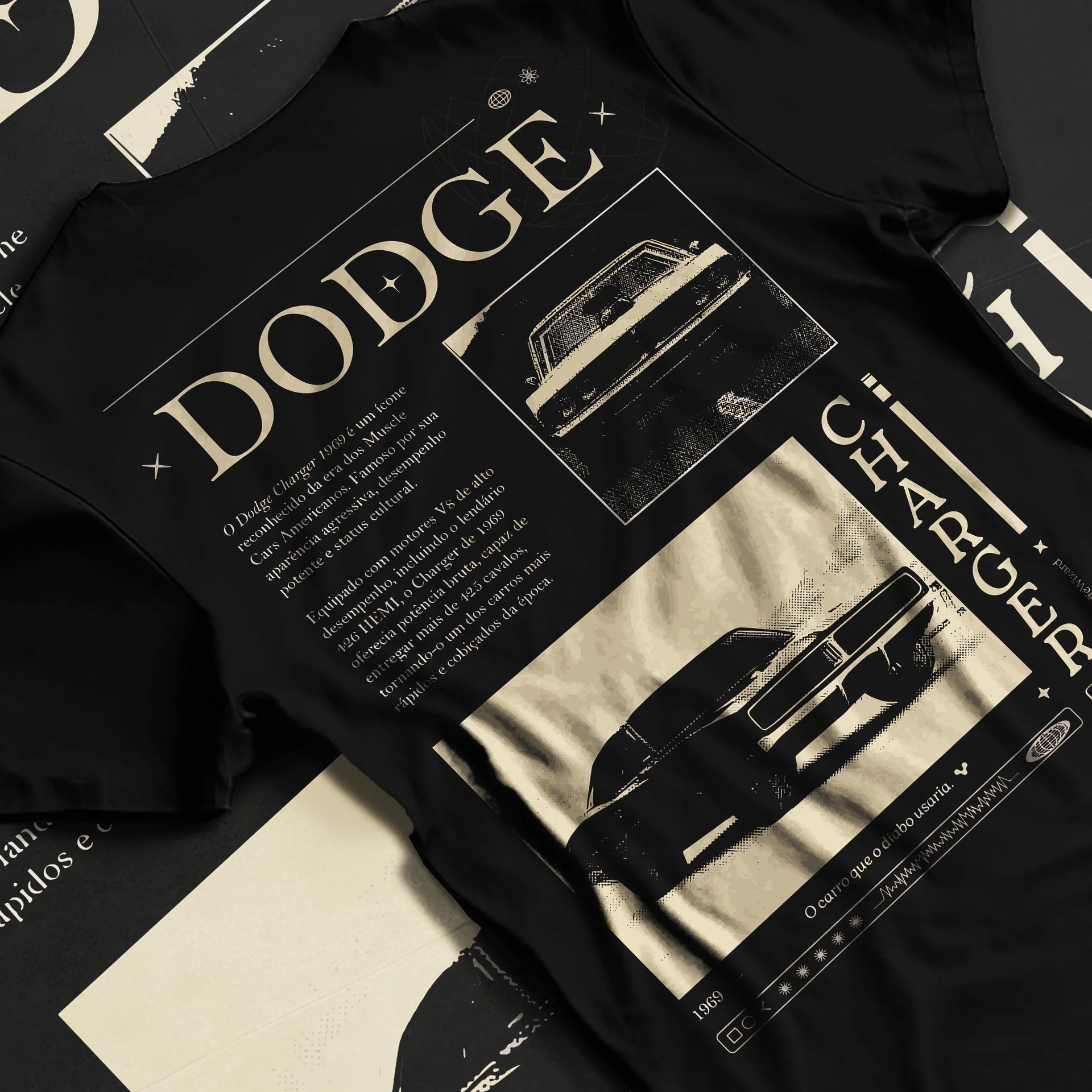 Black T-shirt laid flat with natural fabric folds, featuring Dodge Charger muscle street retro vintage enthusiast racing graphic.