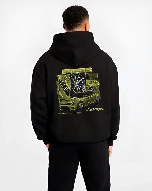 Black hoodie worn by a male model, back view, featuring Dodge Charger racing jdm american muscle street retro graphic.
