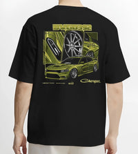Black T-shirt worn by a male model, back view, featuring Dodge Charger racing jdm american muscle street retro graphic.
