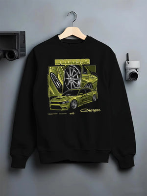 Black crewneck sweatshirt on a hanger against a grey wall, featuring Dodge Charger racing jdm american muscle street retro graphic.