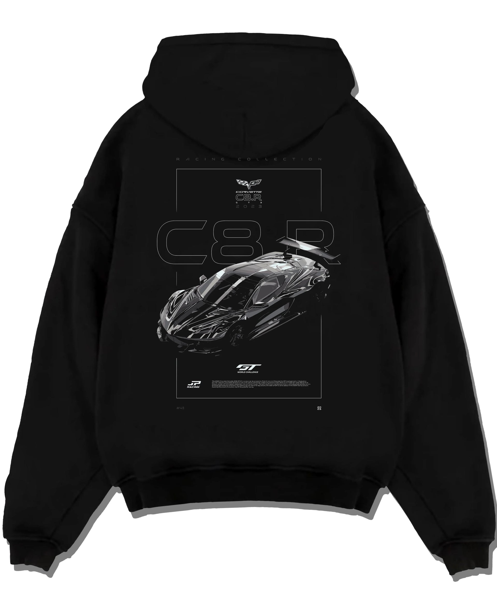 Black pullover hoodie laid flat on a white background, featuring Chevrolet Corvette C8 corvette racing american muscle graphic.
