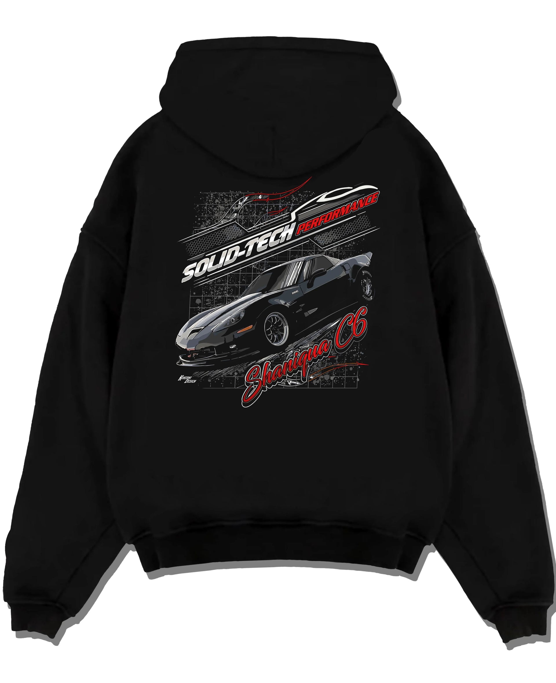 Black pullover hoodie laid flat on a white background, featuring Chevrolet rs racing muscle street retro classic enthusiast graphic.