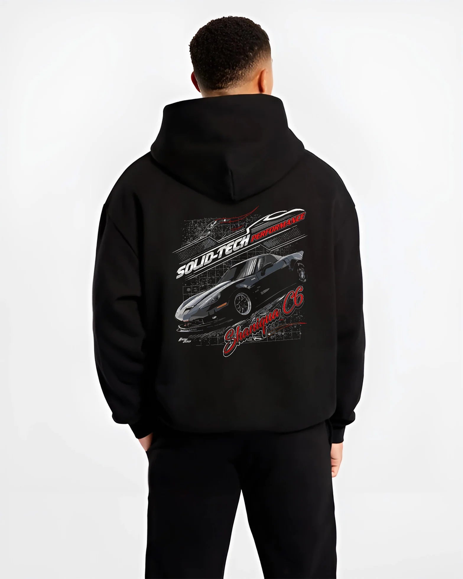 Black hoodie worn by a male model, back view, featuring Chevrolet rs racing muscle street retro classic enthusiast graphic.