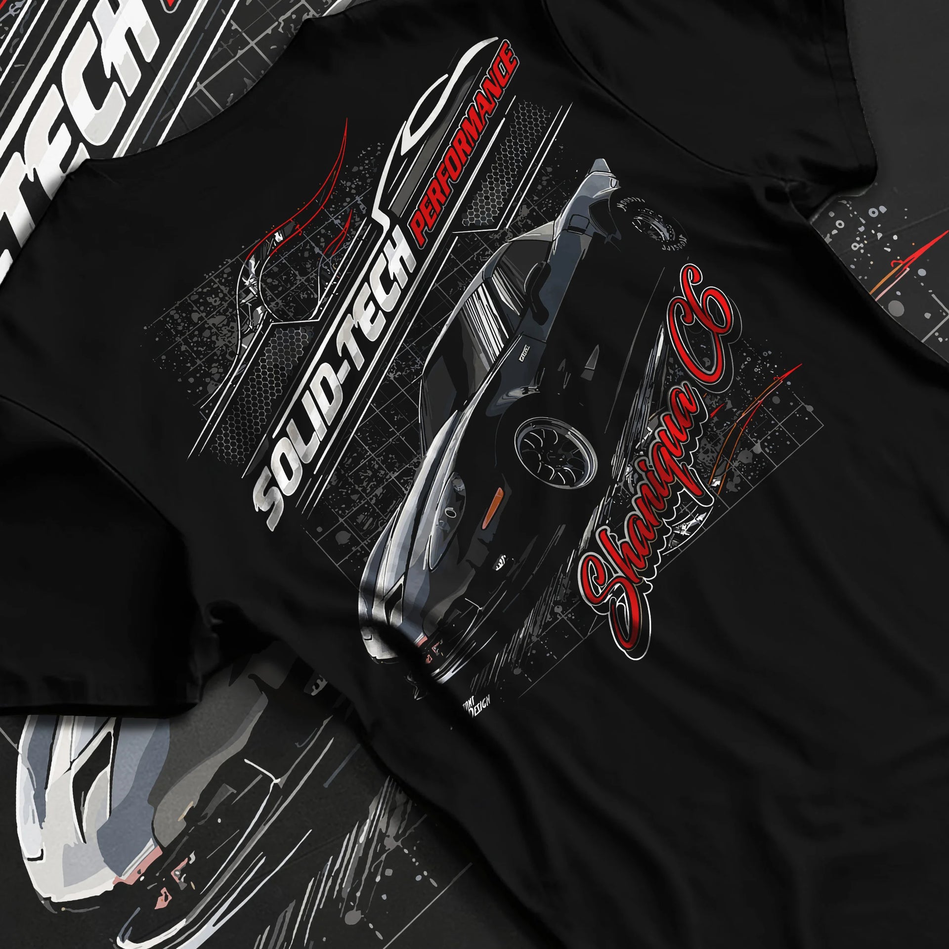 Black T-shirt laid flat with natural fabric folds, featuring Chevrolet rs racing muscle street retro classic enthusiast graphic.