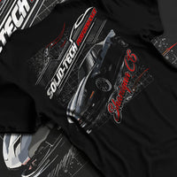 Black T-shirt laid flat with natural fabric folds, featuring Chevrolet rs racing muscle street retro classic enthusiast graphic.