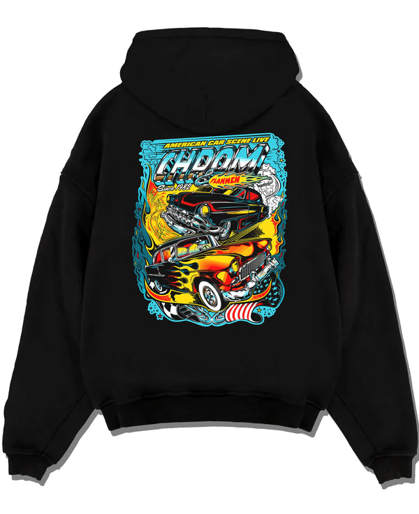 Black pullover hoodie laid flat on a white background, featuring racing american muscle tuner street vintage classic graphic.