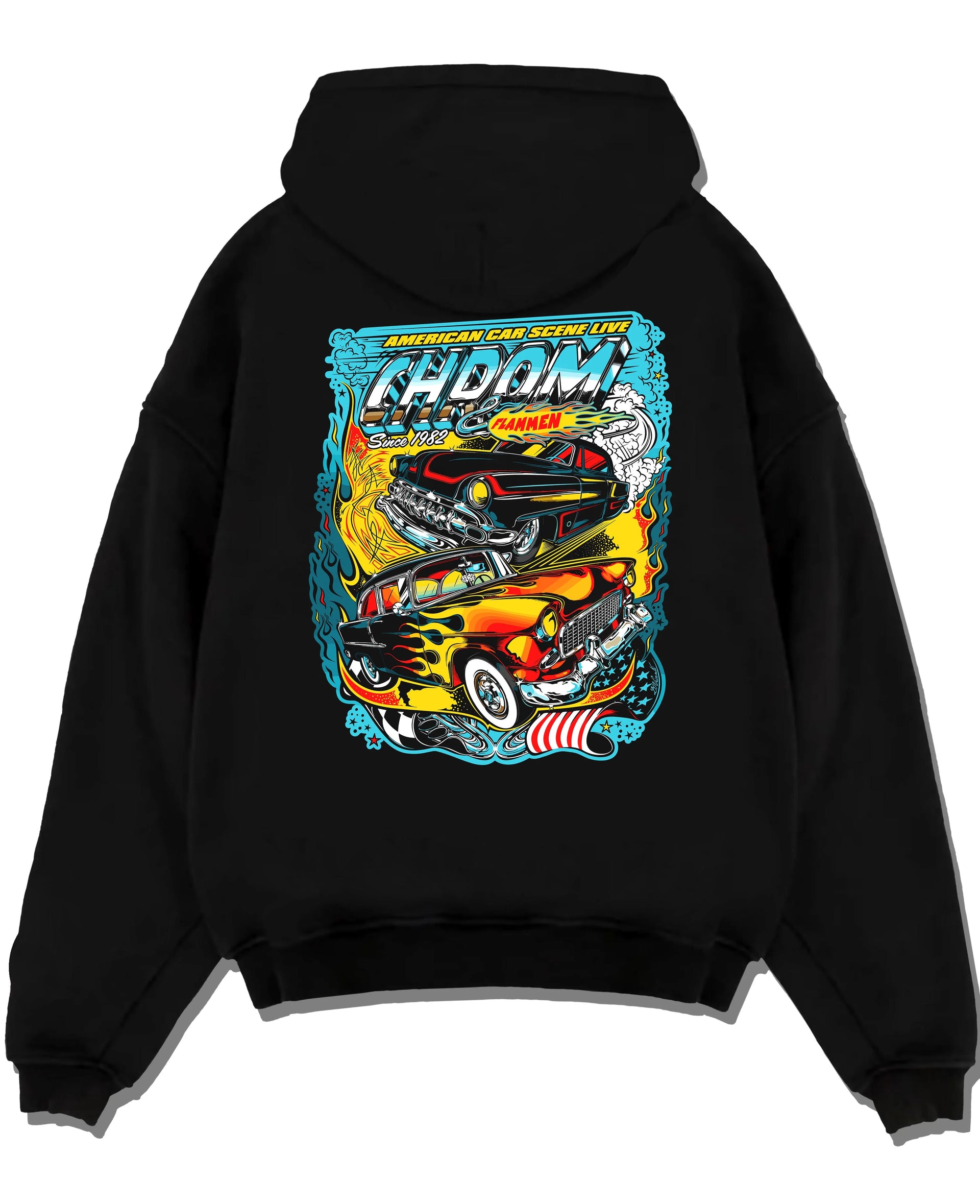 Black pullover hoodie laid flat on a white background, featuring racing american muscle tuner street vintage classic graphic.