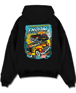 Black pullover hoodie laid flat on a white background, featuring racing american muscle tuner street vintage classic graphic.