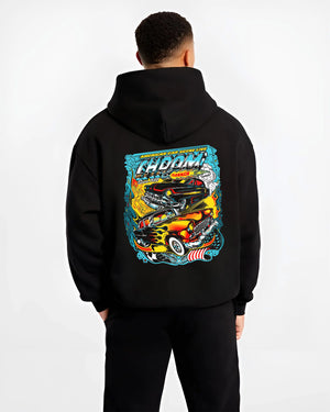 Black hoodie worn by a male model, back view, featuring racing american muscle tuner street vintage classic performance graphic.
