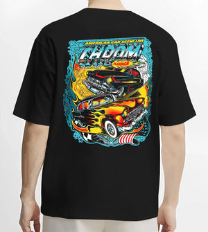 Black T-shirt worn by a male model, back view, featuring racing american muscle tuner street vintage classic performance graphic.