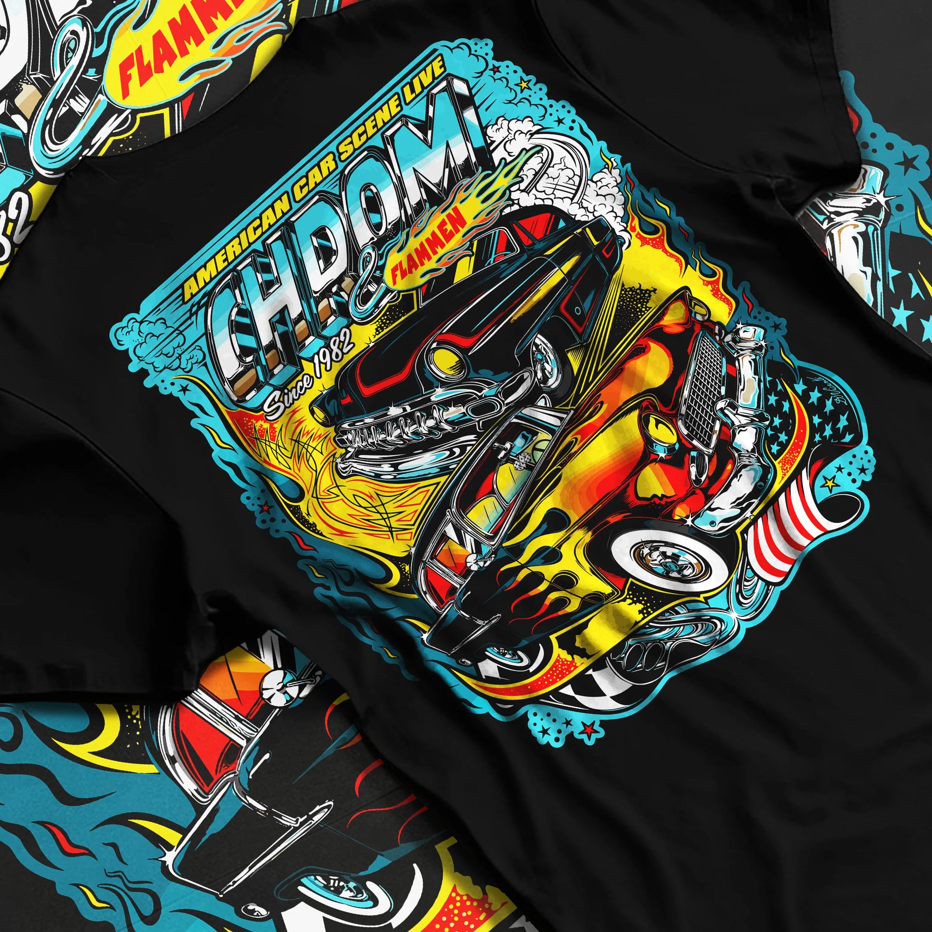 Black T-shirt laid flat with natural fabric folds, featuring racing american muscle tuner street vintage classic graphic.