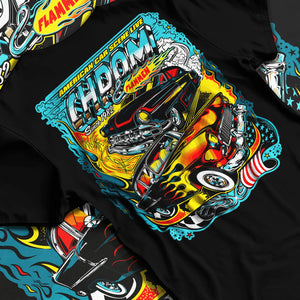 Black T-shirt laid flat with natural fabric folds, featuring racing american muscle tuner street vintage classic graphic.