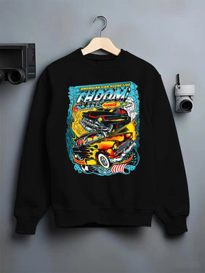 Black crewneck sweatshirt on a hanger against a grey wall, featuring racing american muscle tuner street vintage classic graphic.