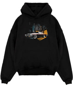 Black pullover hoodie laid flat on a white background, featuring Chevrolet Chevelle rs american muscle retro classic graphic.
