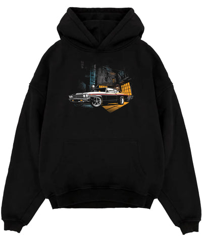 Black pullover hoodie laid flat on a white background, featuring Chevrolet Chevelle rs american muscle retro classic graphic.