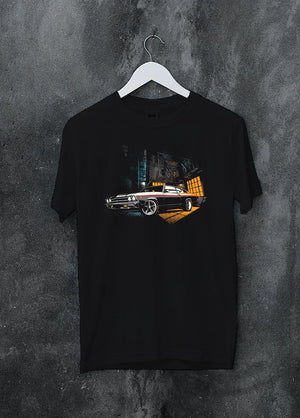 Black crewneck T-shirt on a hanger against a grey wall, featuring Chevrolet Chevelle rs american muscle retro classic graphic.