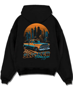 Black pullover hoodie laid flat on a white background, featuring Chevrolet SKYLINE retro vintage classic racing street graphic.