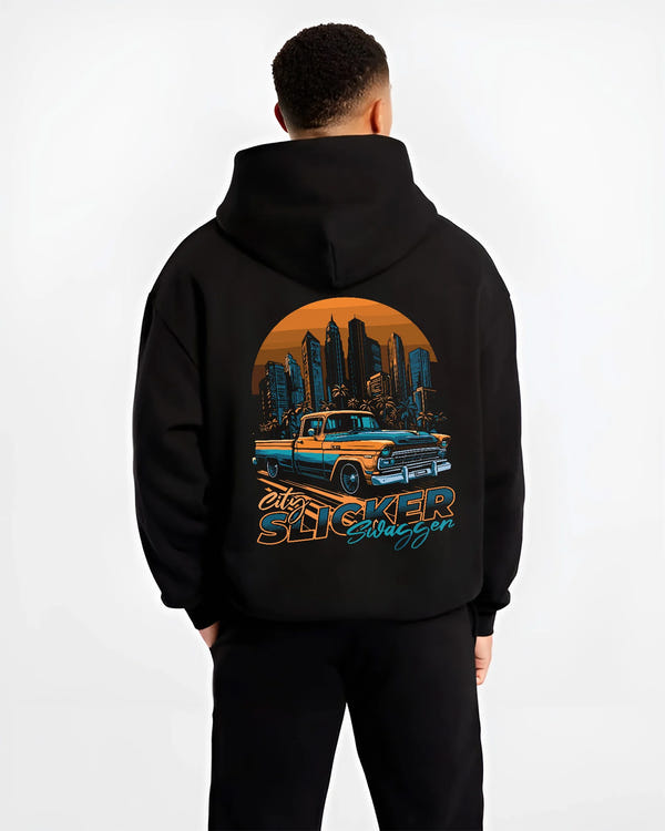 Black hoodie worn by a male model, back view, featuring Chevrolet SKYLINE retro vintage classic racing street performance graphic.