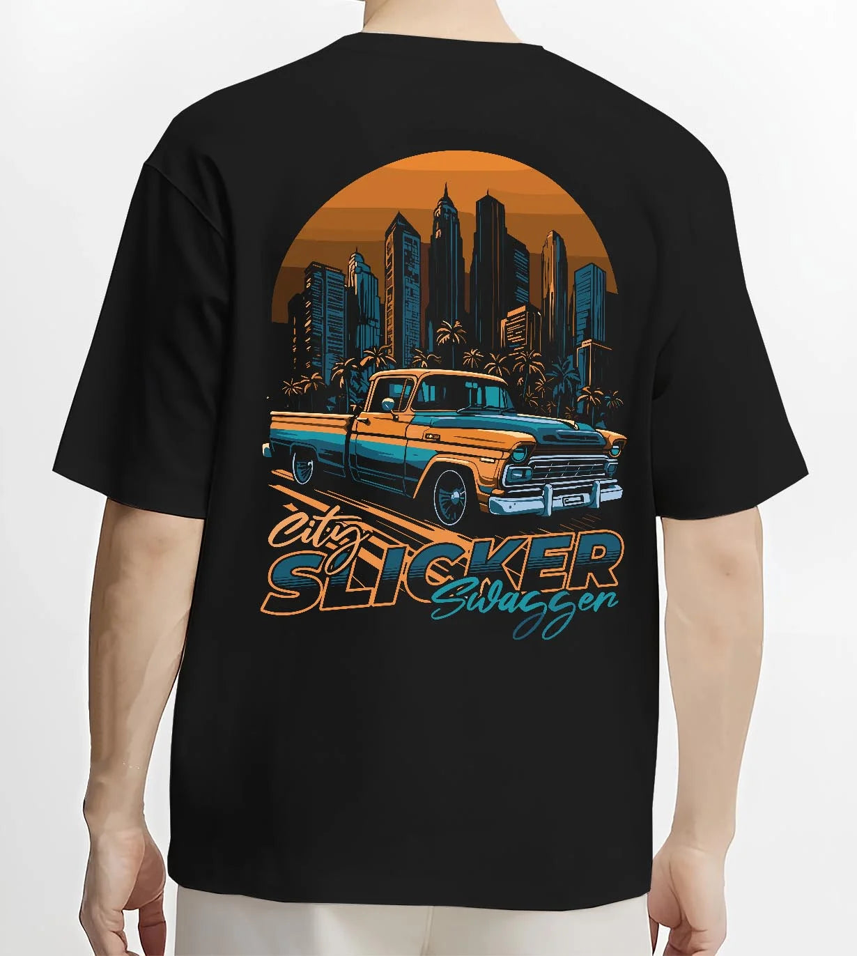 Black T-shirt worn by a male model, back view, featuring Chevrolet SKYLINE retro vintage classic racing street performance graphic.