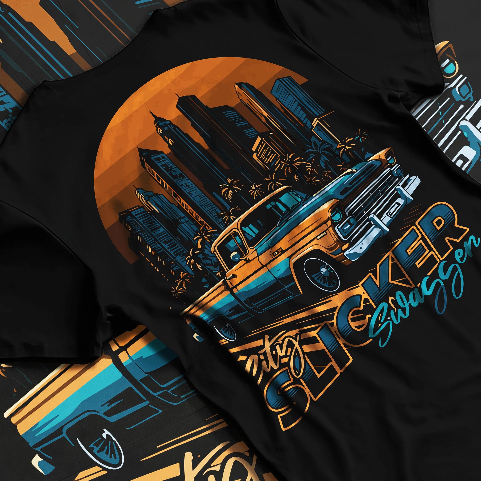 Black T-shirt laid flat with natural fabric folds, featuring Chevrolet SKYLINE retro vintage classic racing street graphic.