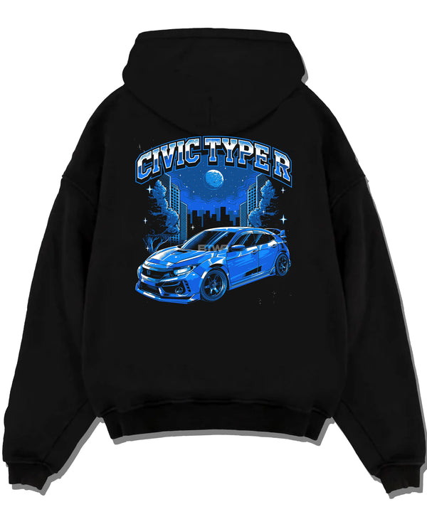 Black pullover hoodie laid flat on a white background, featuring Honda Civic rs racing motorsport jdm street performance graphic.