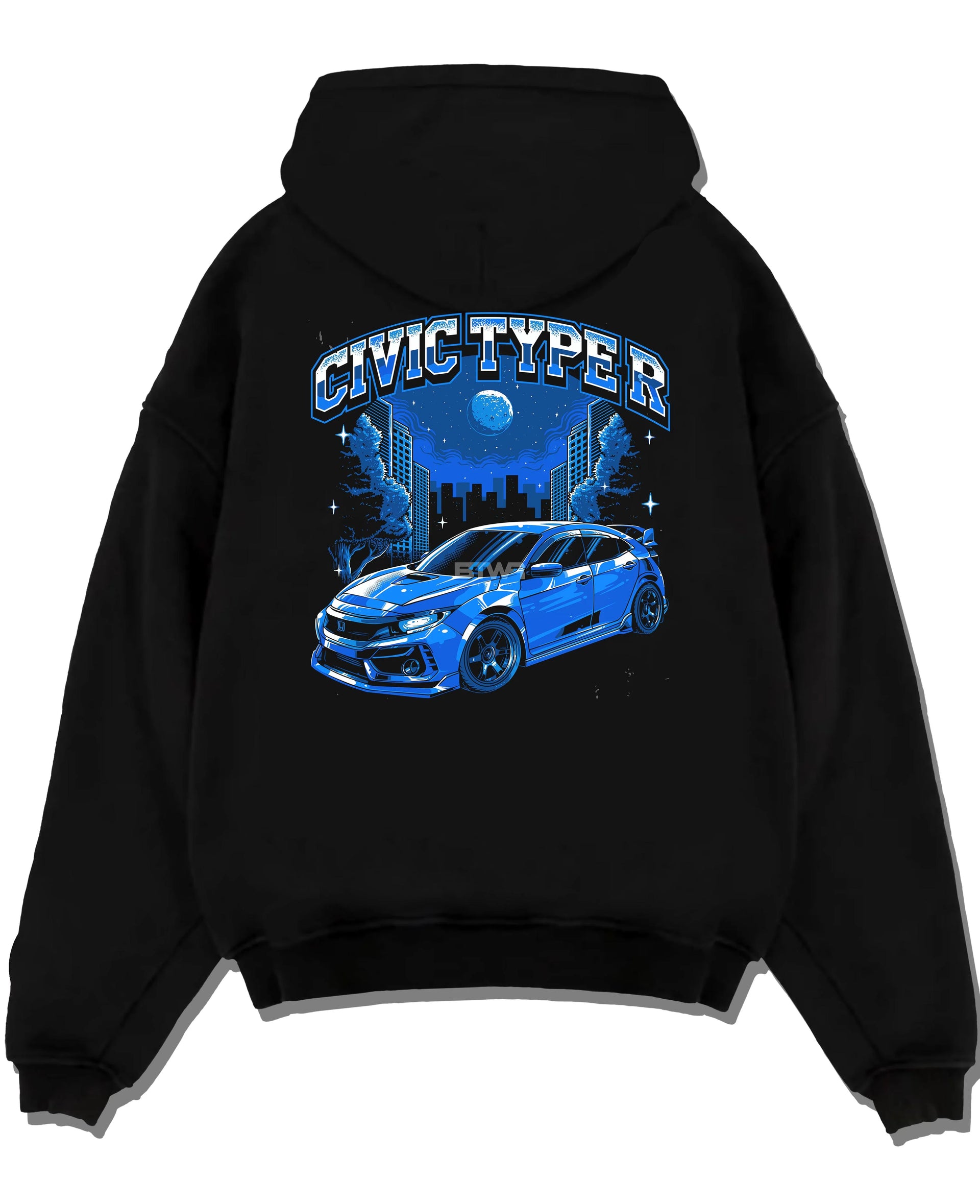 Black pullover hoodie laid flat on a white background, featuring Honda Civic rs racing motorsport jdm street performance graphic.