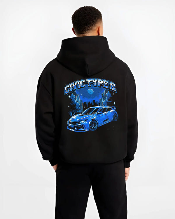 Black hoodie worn by a male model, back view, featuring Honda Civic rs racing motorsport jdm street performance graphic.