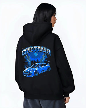 Black hoodie worn by a female model, back view, featuring Honda Civic rs racing motorsport jdm street performance graphic.