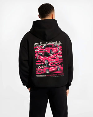 Black hoodie worn by a male model, back view, featuring Nissan Silvia 240sx drift jdm japanese street legend graphic.