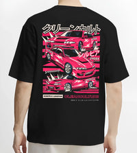 Black T-shirt worn by a male model, back view, featuring Nissan Silvia 240sx drift jdm japanese street legend graphic.