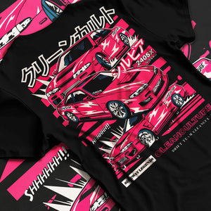 Black T-shirt laid flat with natural fabric folds, featuring Nissan Silvia 240sx drift jdm japanese street legend graphic.