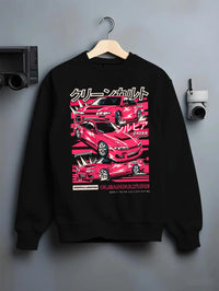 Black crewneck sweatshirt on a hanger against a grey wall, featuring Nissan Silvia 240sx drift jdm japanese street legend graphic.
