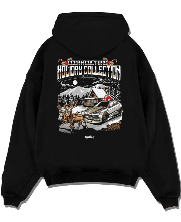 Black pullover hoodie laid flat on a white background, featuring drift street racing performance motorsport automotive graphic.