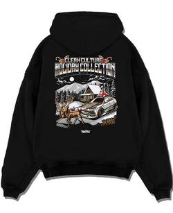 Black pullover hoodie laid flat on a white background, featuring drift street racing performance motorsport automotive graphic.