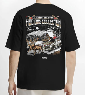 Black T-shirt worn by a male model, back view, featuring drift street racing performance motorsport automotive enthusiast graphic.