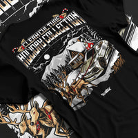 Black T-shirt laid flat with natural fabric folds, featuring drift street racing performance motorsport automotive graphic.