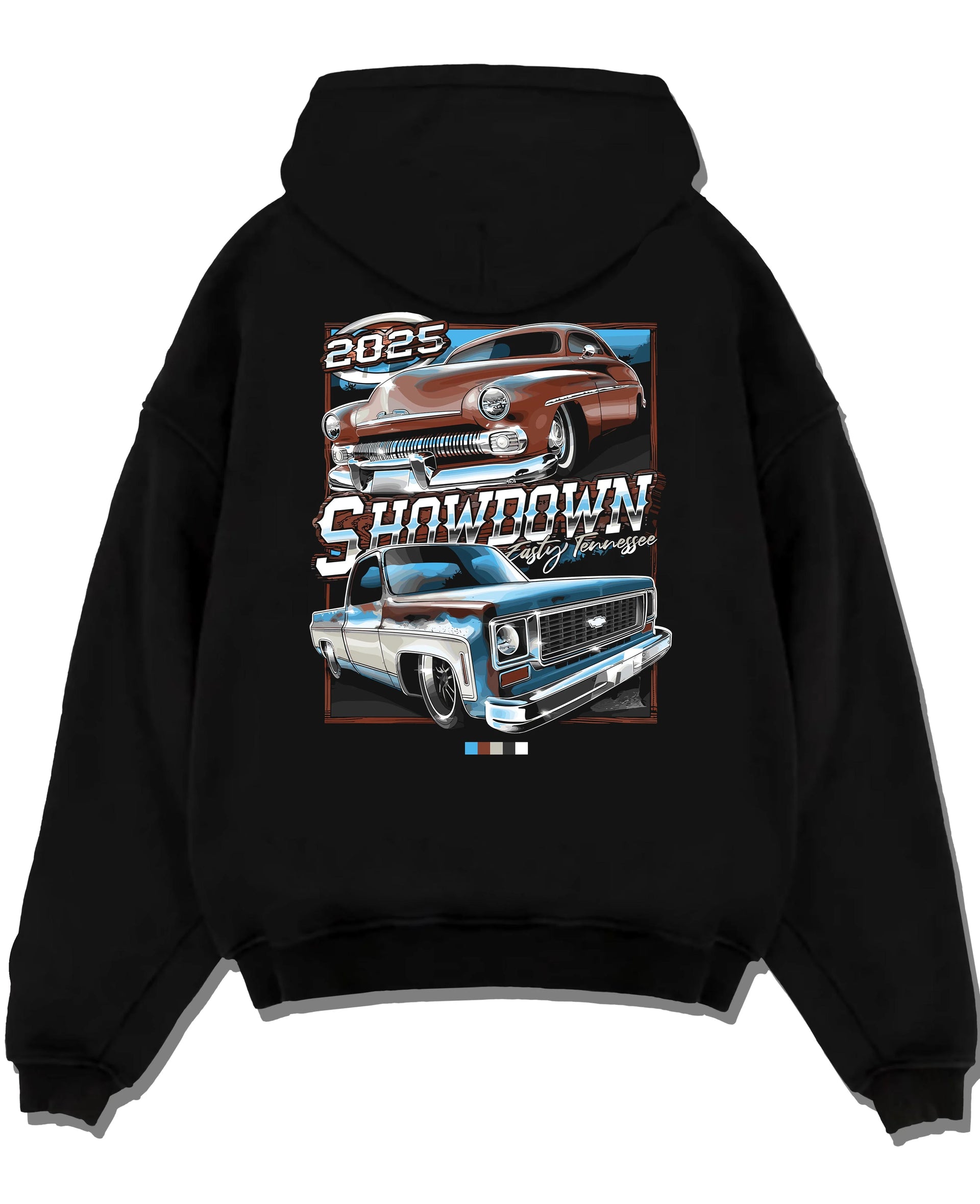 Black pullover hoodie laid flat on a white background, featuring racing american muscle retro vintage classic show street graphic.
