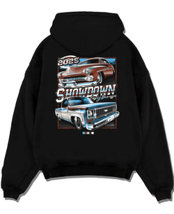 Black pullover hoodie laid flat on a white background, featuring racing american muscle retro vintage classic show street graphic.