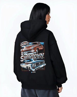 Black hoodie worn by a female model, back view, featuring racing american muscle retro vintage classic show street graphic.
