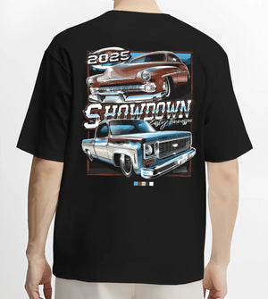 Black T-shirt worn by a male model, back view, featuring racing american muscle retro vintage classic show street graphic.