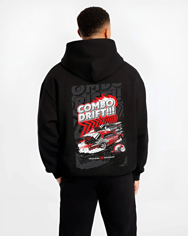 Black hoodie worn by a male model, back view, featuring racing drift jdm street performance motorsport automotive graphic.