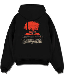 Black pullover hoodie laid flat on a white background, featuring Chevrolet Corvette muscle retro classic enthusiast racing graphic.